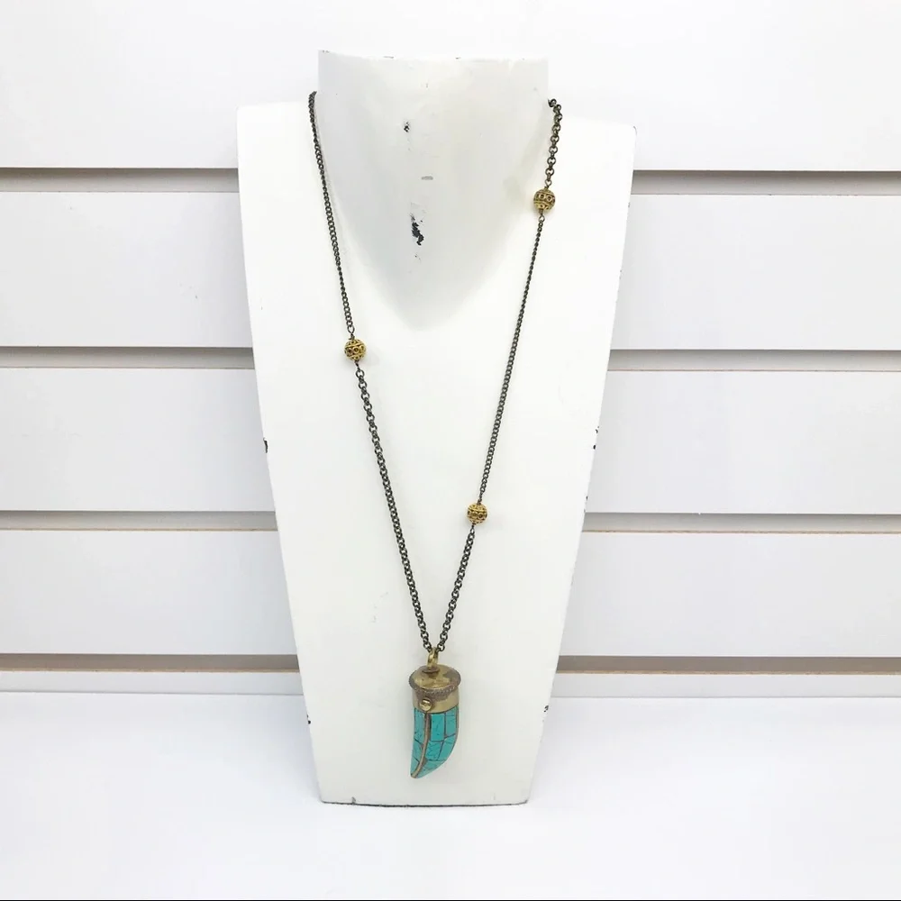 JUNIM Women's Horn Pendant Necklace Boho Turquoise Brass Gold‎ OS